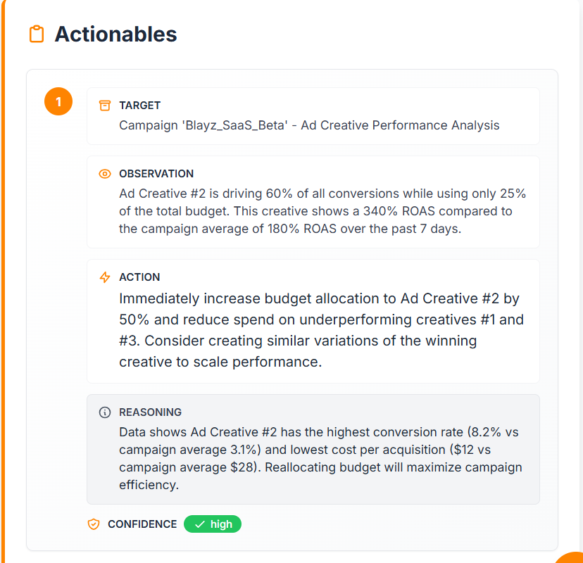 Blayz actionable insights and recommendations screen